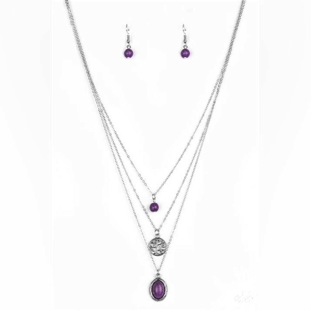 *Short multi layered purple charms necklace.